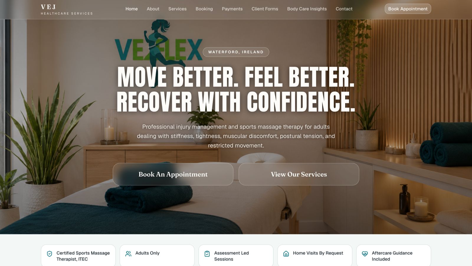 Vej Healthcare Services website built by Oconcept AI Marketing - Move Better, Feel Better, Recover with Confidence