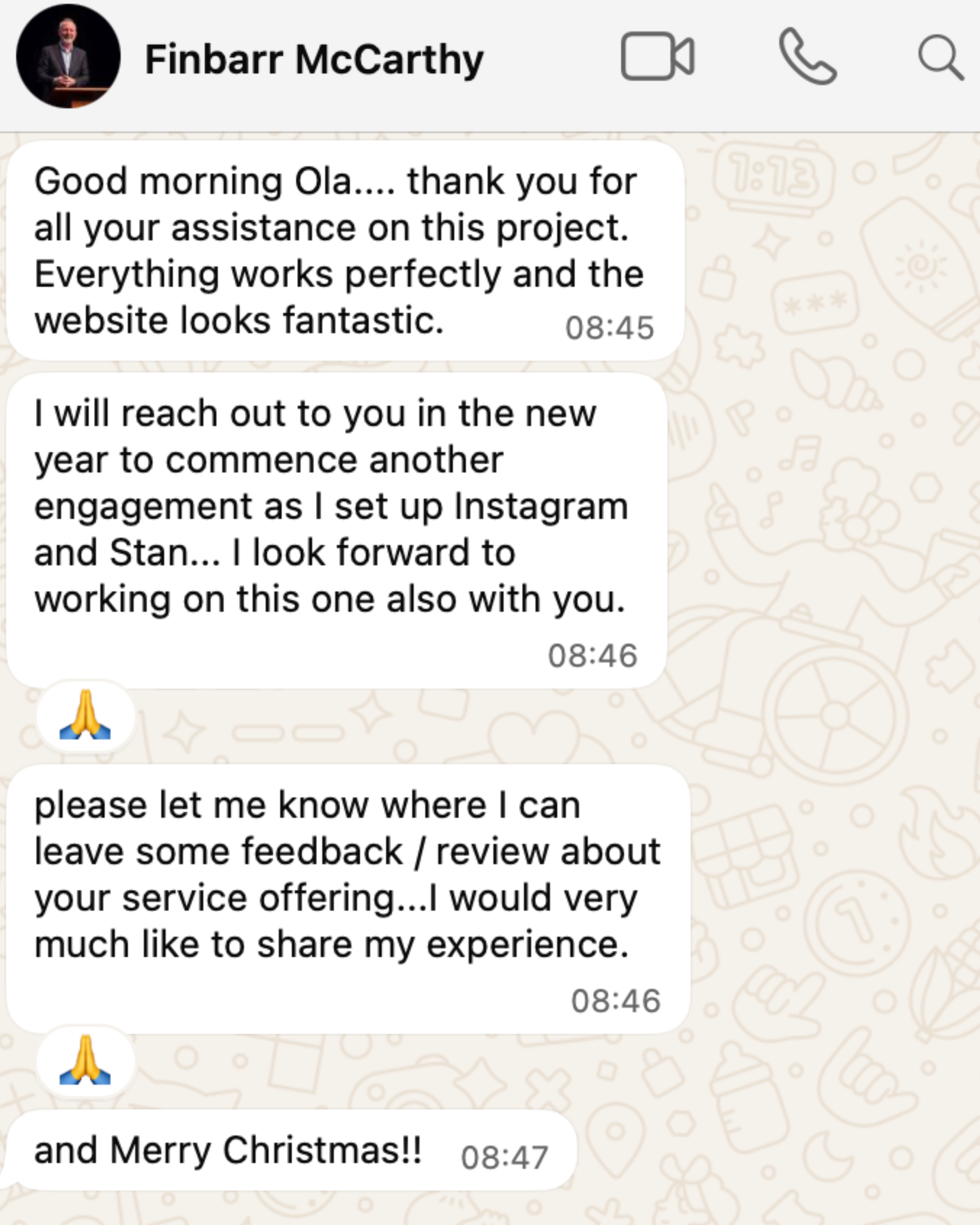 FinCor Consulting WhatsApp testimonial - Everything works perfectly and the website looks fantastic, client wanting to leave feedback and review